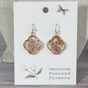 Pink dried flower gold clover earrings spring bohemian boho NEW